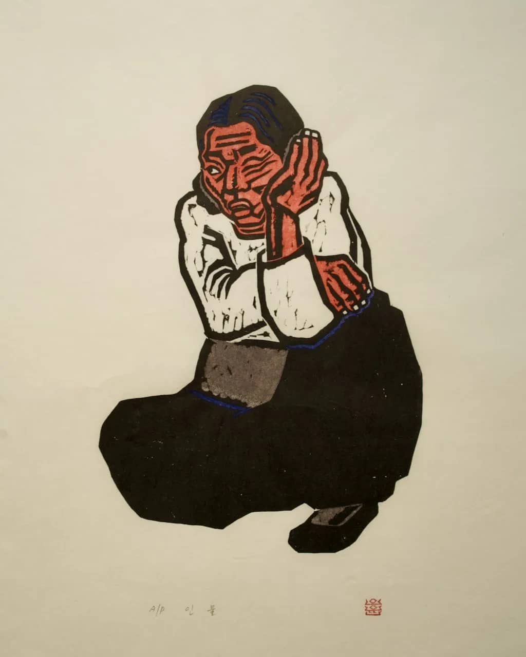 인물, 저피지(한지)에 목판화, 수채 채색 1984 - 오윤