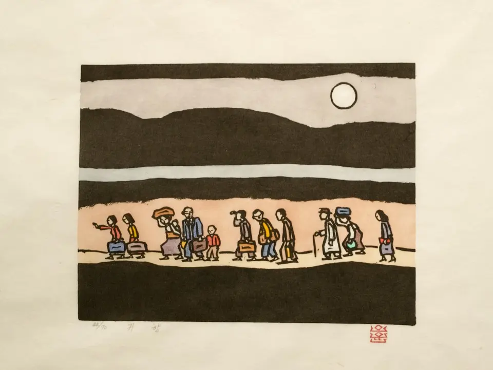 귀향, 저피지(한지)에 고무판화, 수채 채색 1984 - 오윤