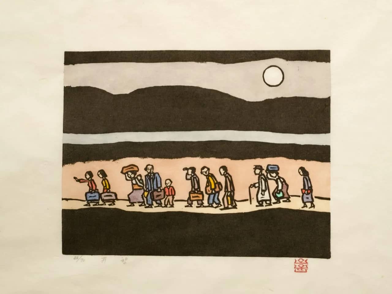 귀향, 저피지(한지)에 고무판화, 수채 채색 1984 - 오윤