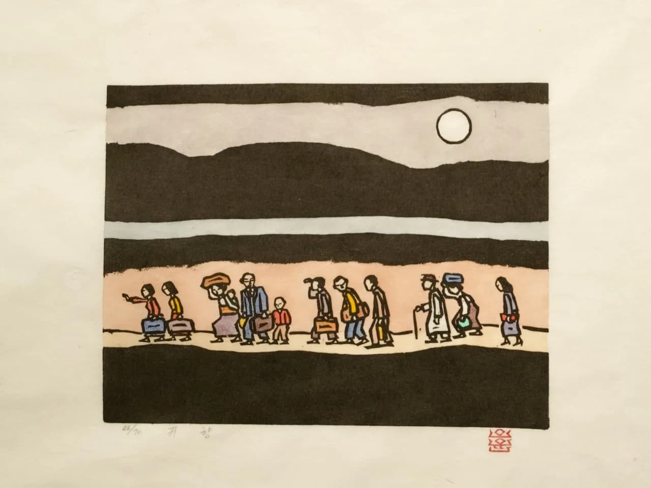 귀향, 저피지(한지)에 고무판화, 수채 채색 1984 - 오윤
