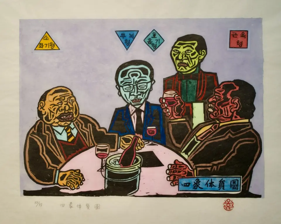 사상체질도(四像體質圖), 저피지(한지)에 목판화, 수채 채색 1983 - 오윤