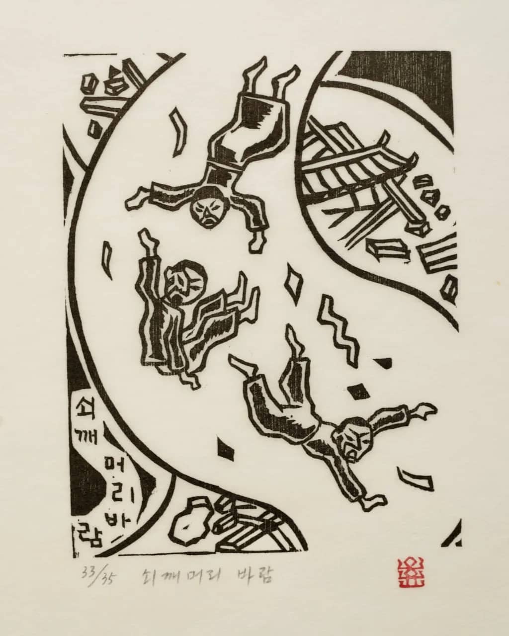 쇠깨머리바람, 저피지(한지)에 목판화 1984 - 오윤