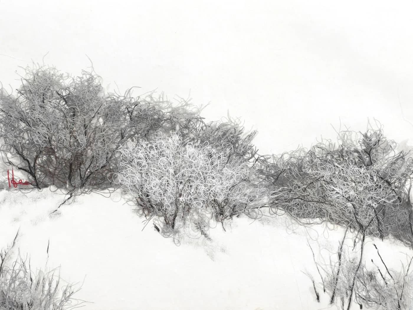 눈밭01, cotton thread on korean paper 2024 - 홍진희