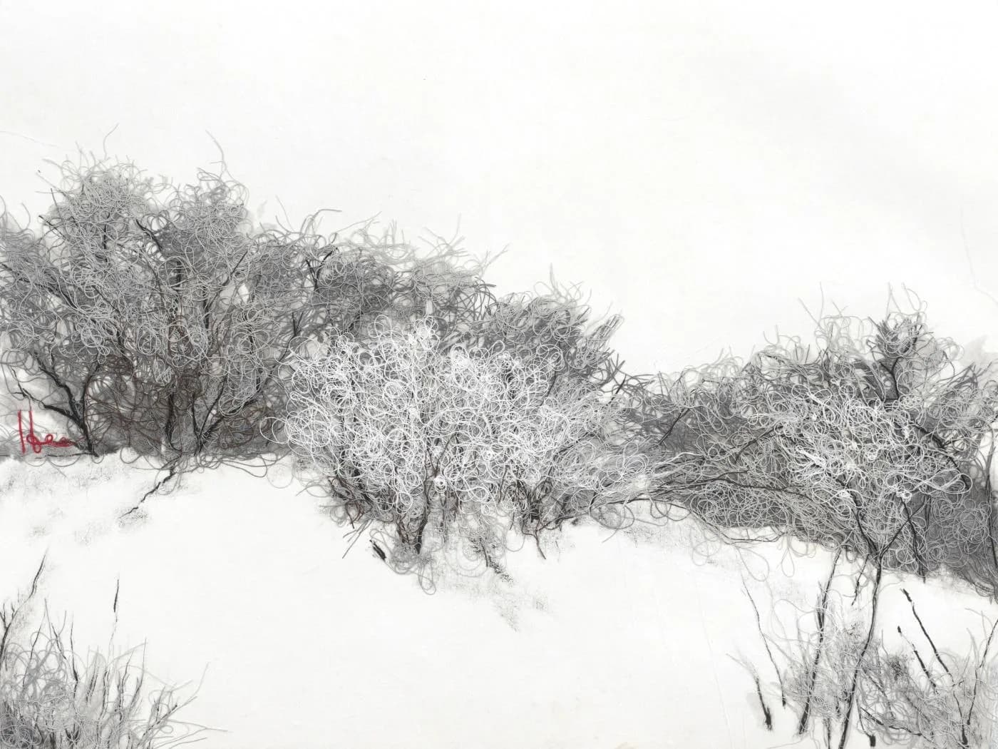 눈밭01, cotton thread on korean paper 2024 - 홍진희