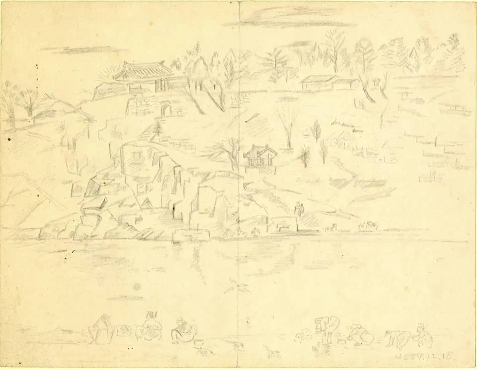 진주 남강 풍경, 종이에 연필 1951년12월18일 - 박생광