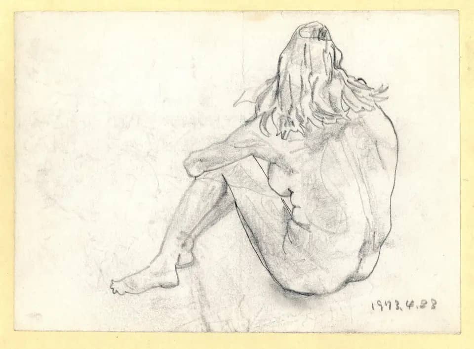다리를 오므리고 앉은 누드, 종이에 연필 1973년04월23일 - 박생광
