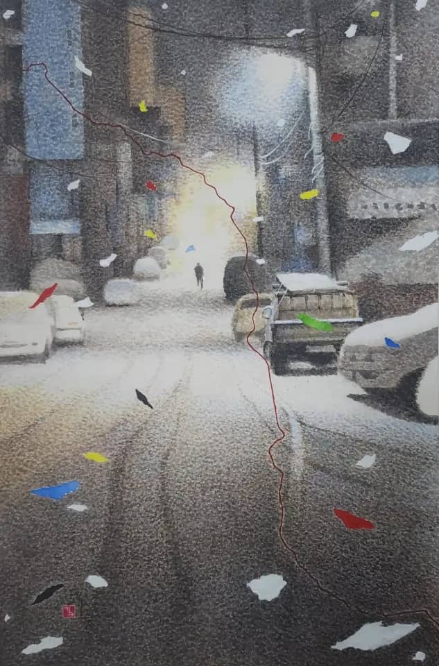 밤골목길ㅡ눈길, 한지 먹 채색 2009 - 칡뫼 김구