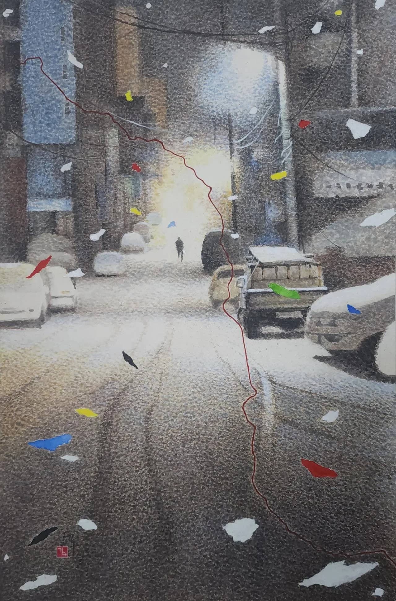 밤골목길ㅡ눈길, 한지 먹 채색 2009 - 칡뫼 김구