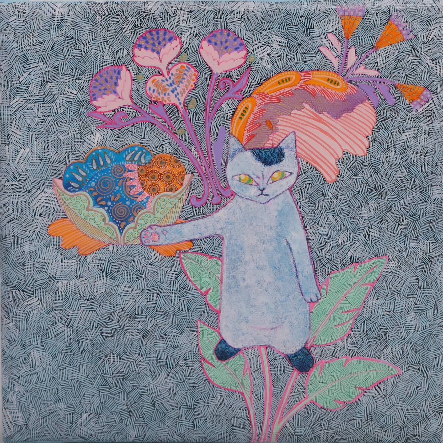 I'm cat 꽃과나 blue, Gouache on canvas 2026 - 정윤지